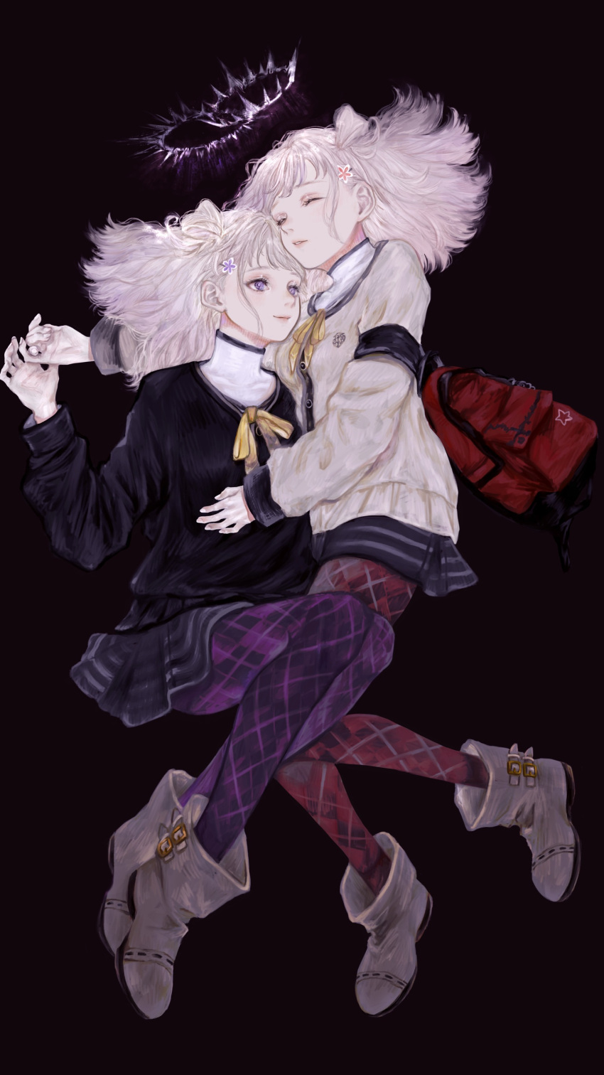 2girls, absurdres, argyle, argyle_legwear, backpack, bag, black_background, black_shirt