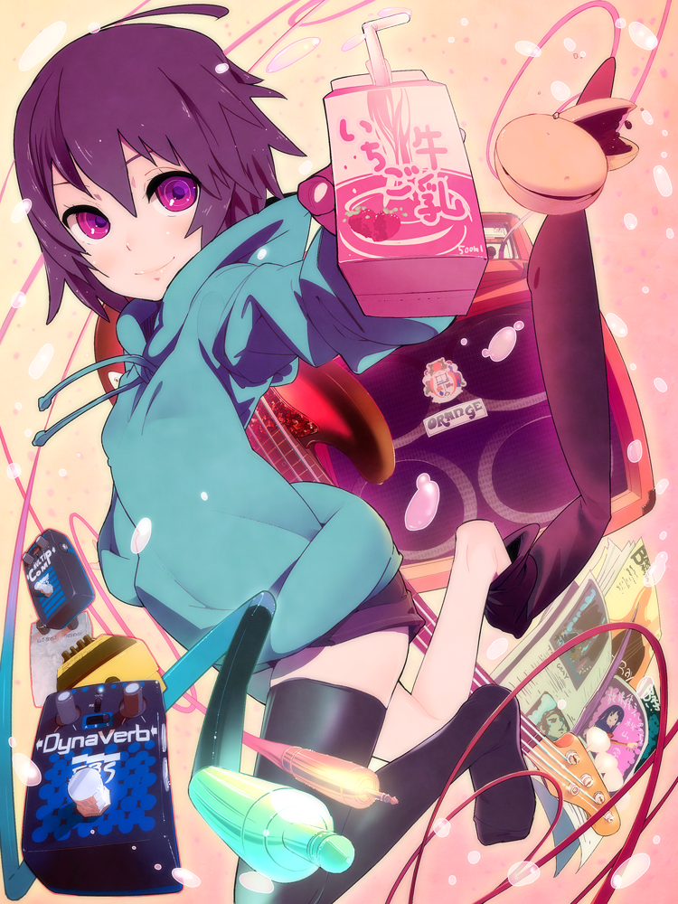guitar, hoodie, iku_ki, instrument, juice_box, macaron, milk, original, purple_eyes, short_hair, shorts, solo, thigh-highs, thighhighs, violet_eyes
