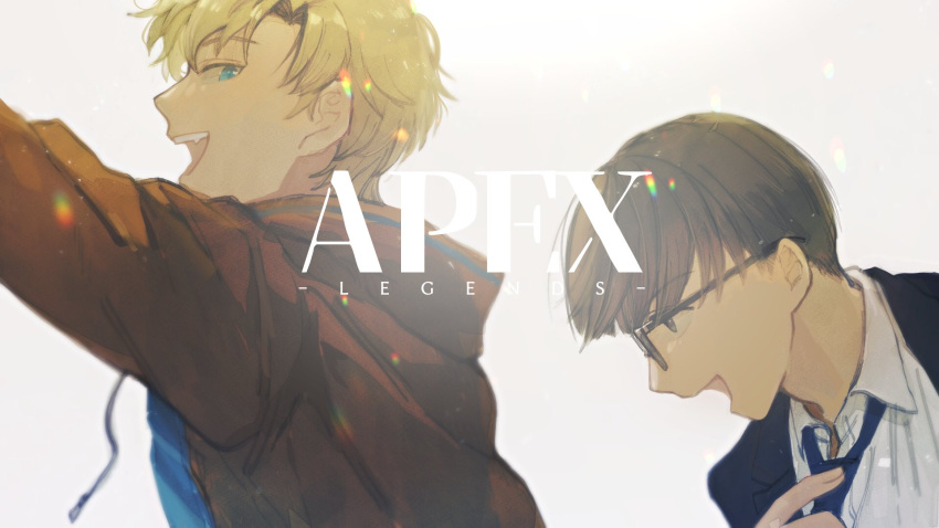 2boys, apex_legends, black_jacket, blonde_hair, blue_eyes, blue_neckwear, blue_shirt, brown_hair