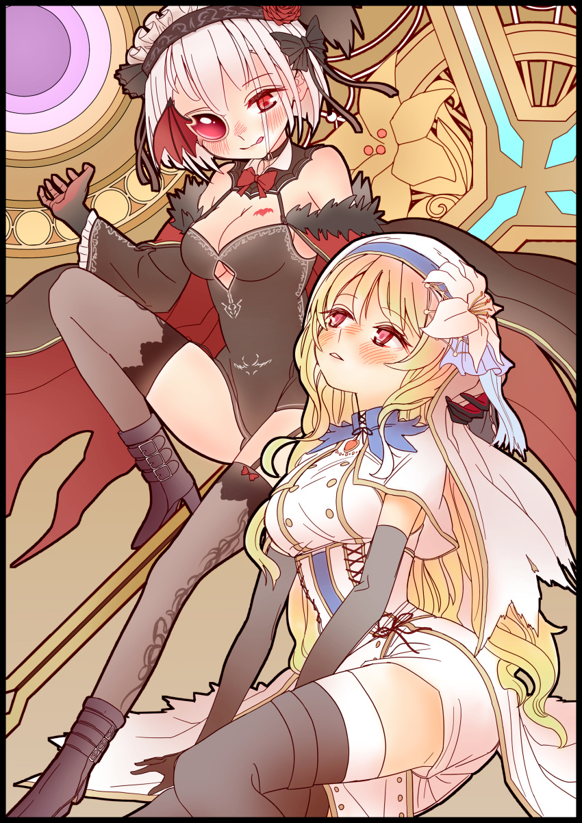 99noi, absurdres, blonde_hair, cape, capelet, detached_sleeves, flower, hair_flower, hair_ornament, headwear, highres, izumi_kanagi, long_hair, magia_record:_mahou_shoujo_madoka_magica_gaiden, mahou_shoujo_madoka_magica, nun, off_shoulder, one_eye_covered, parted_lips, short_hair, shorts, thigh-highs, togame_momoko, vampire, white_hair