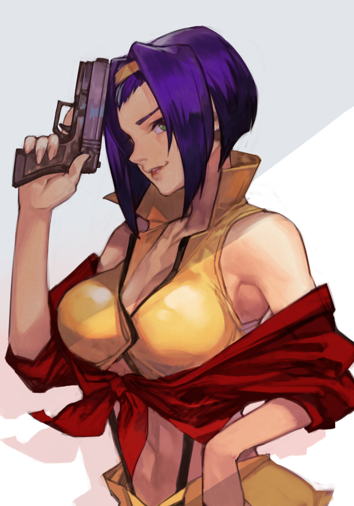 1girl, aqua_eyes, breasts, clothes_around_waist, collarbone, cowboy_bebop, crop_top, faye_valentine