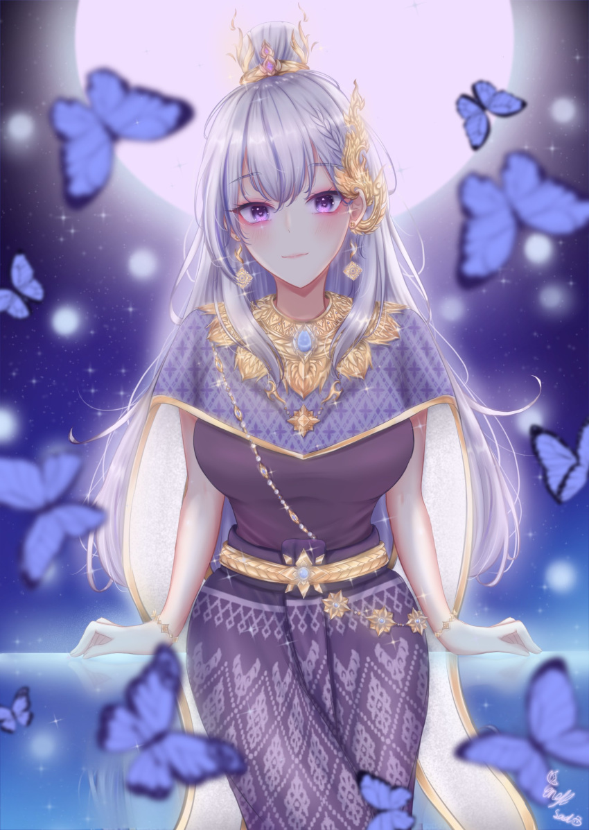1girl, absurdres, arm_support, belt, black_shirt, blush, bracelet, breasts