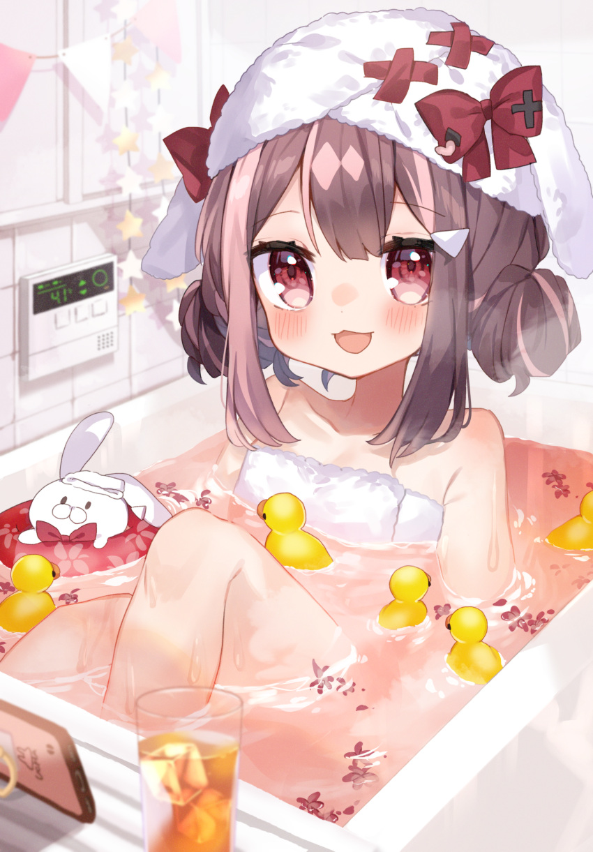 1girl, :d, absurdres, bangs, bathtub, blush, bow, brown_hair