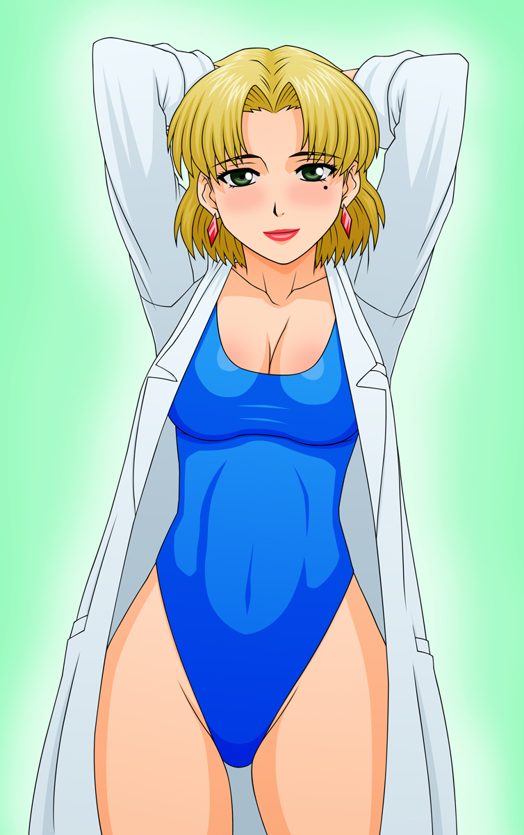 akagi_ritsuko, arms_up, beauty_mark, blonde_hair, cleavage, earrings, female, green_eyes