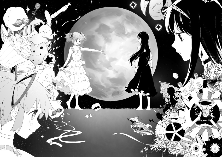 2girls, absurdres, akemi_homura, barefoot, black_dress, black_hair, cheese, choker, cupcake, dress, earrings, flower, food, full_moon, gears, greyscale, highres, holding, holding_clothes, holding_dress, jewelry, kaname_madoka, long_hair, mahou_shoujo_madoka_magica, mahou_shoujo_madoka_magica_movie, monochrome, moon, muhan1234567, multiple_girls, night, night_sky, outstretched_arm, rabbit, ribbon, sky, spider_lily, twintails, white_dress, wristband