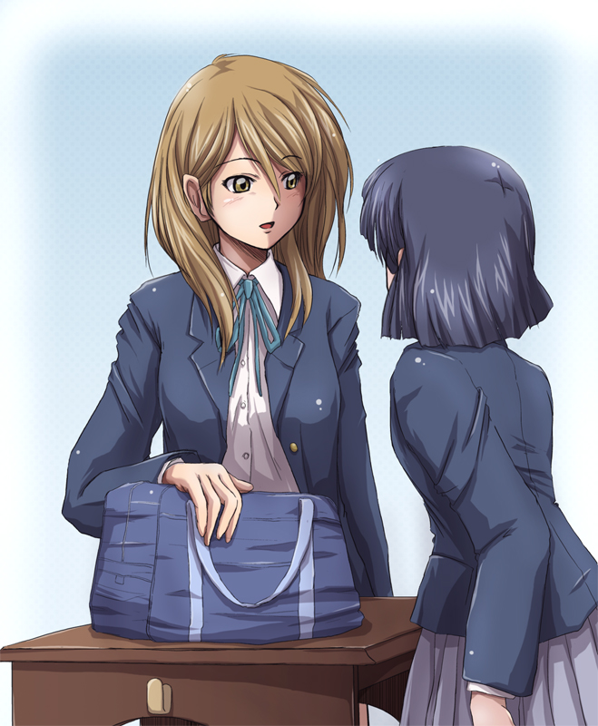 bag, black_hair, blazer, brown_eyes, brown_hair, extra, faith001, faith_(sbi), k-on!, multiple_girls, school_desk, school_uniform, short_hair, sunahara_yoshimi, tachibana_himeko