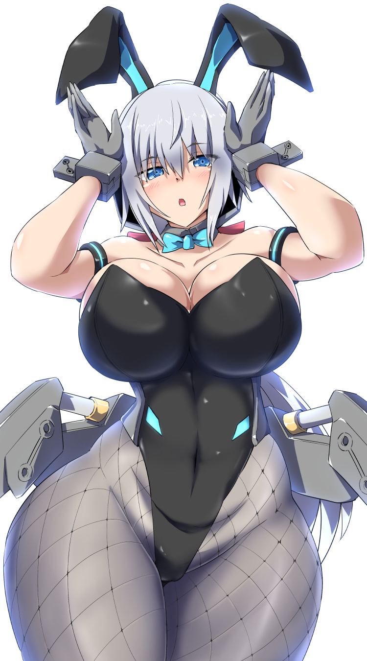1girl, animal_ears, architect_(frame_arms_girl), armpits, arms_up, black_leotard, blue_eyes, bow, bowtie, breasts, bunny_pose, covered_navel, cowboy_shot, delta_gear, detached_collar, fake_animal_ears, fishnet_legwear, fishnets, frame_arms_girl, grey_hair, highres, large_breasts, leotard, looking_at_viewer, pantyhose, playboy_bunny, rabbit_ears, solo, strapless, strapless_leotard, wrist_cuffs