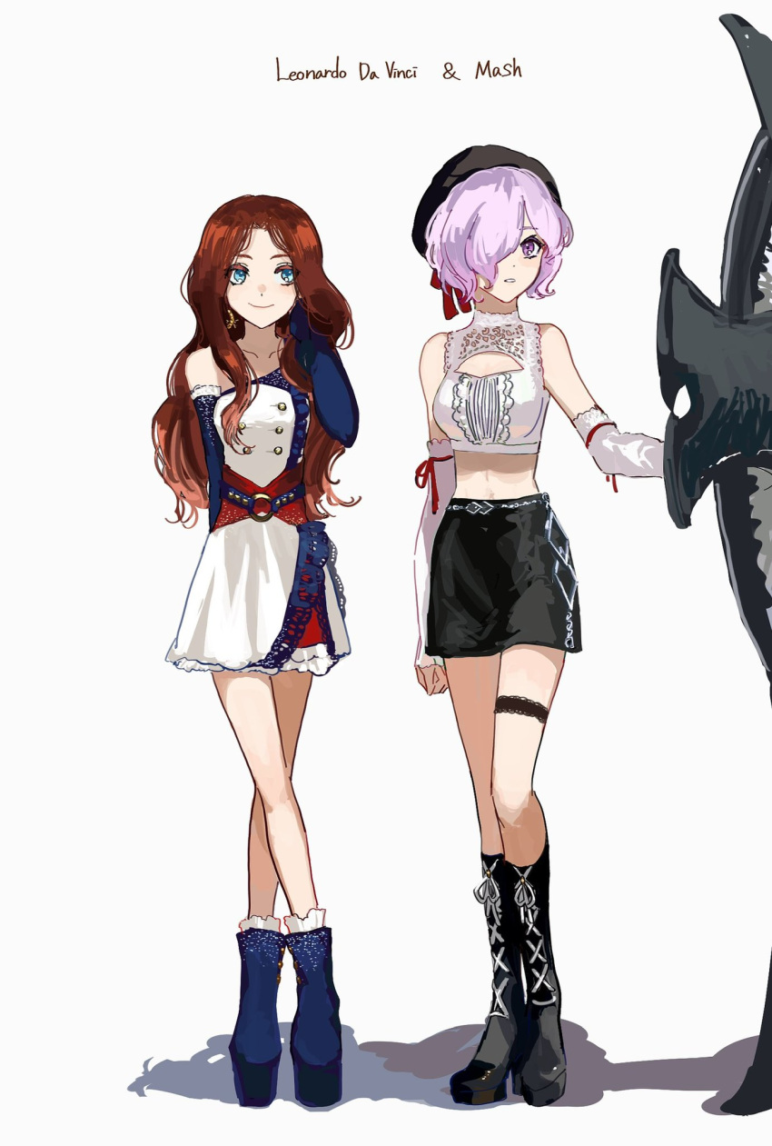 2girls, alternate_costume, bare_shoulders, belt, black_footwear, black_headwear, black_skirt, blue_belt, blue_dress, blue_eyes, blue_footwear, blue_sleeves, boots, breasts, brown_hair, buttons, character_name, closed_mouth, clothing_cutout, collarbone, commentary_request, detached_sleeves, dress, earrings, english_text, eyebrows_visible_through_hair, fate/grand_order, fate_(series), forehead, full_body, hair_over_one_eye, hand_in_hair, hat, highres, holding, holding_shield, holding_weapon, idol, jewelry, leonardo_da_vinci_(fate), leonardo_da_vinci_(rider)_(fate), light_purple_hair, long_hair, looking_away, looking_to_the_side, mash_kyrielight, medium_breasts, midriff, multicolored, multicolored_clothes, multicolored_dress, multiple_girls, one_eye_covered, pineapple6huza, red_dress, red_ribbon, ribbon, shield, shirt, short_hair, skirt, sleeveless, smile, teeth, violet_eyes, weapon, white_dress, white_shirt, white_sleeves