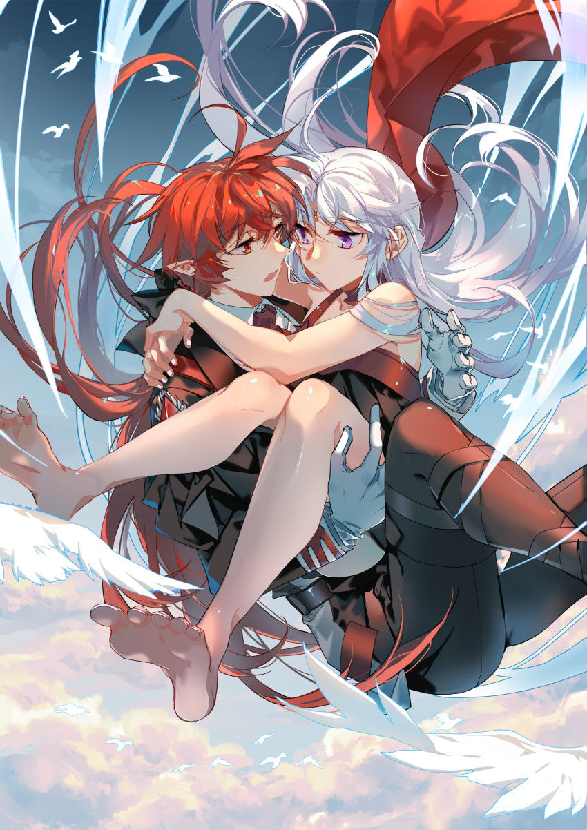 1boy, 1girl, absurdres, arms_around_neck, bare_shoulders, black_bow, blue_gloves, bow, carrying, clouds, cloudy_sky, couple, eyebrows_visible_through_hair, fangs, floating, floating_hair, formal, frilled_skirt, frills, full_body, gloves, grey_hair, hair_between_eyes, hair_bow, highres, limaomao, long_sleeves, looking_at_another, low_ponytail, open_mouth, ponytail, princess_carry, red_eyes, red_neckwear, redhead, san_yan_xiao_tian_lu, skirt, sky, suit, sun_wukong_(san_yan_xiao_tian_lu), violet_eyes, white_bird, white_hair, white_nails, yang_jian