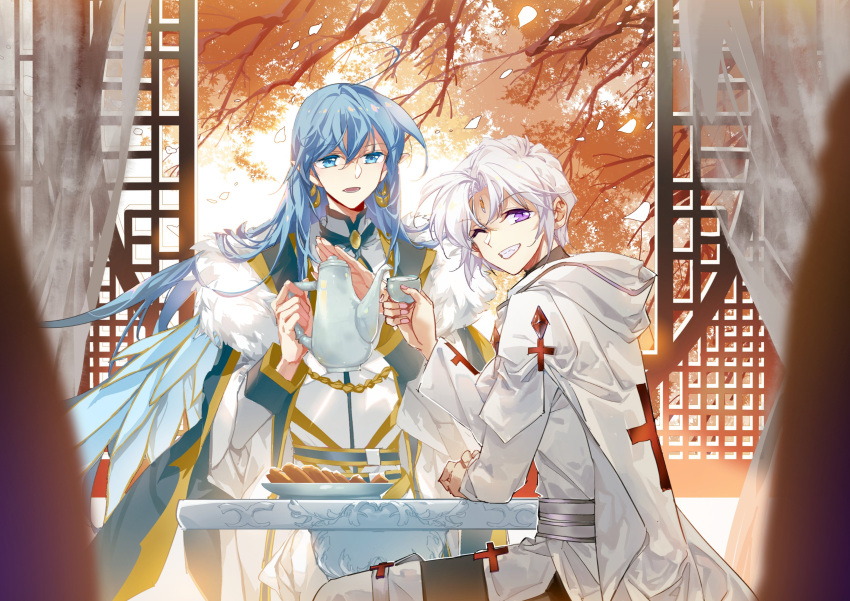 2boys, absurdres, autumn, blinking, blue_eyes, blue_hair, chinese_clothes, cup