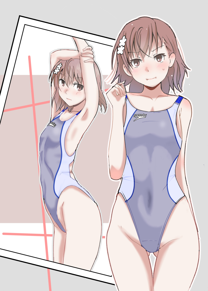 1girl, absurdres, armpits, arms_up, ass_visible_through_thighs, breasts, brown_hair, collarbone