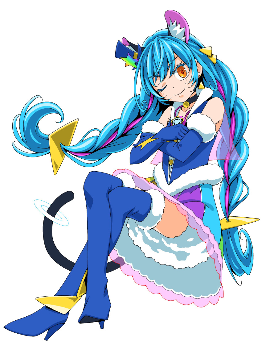 1girl, ;), absurdres, animal_ear_fluff, animal_ears, bangs, black_choker, blue_footwear, blue_gloves, blue_hair, blue_headwear, blue_jacket, boots, braid, cat_ears, cat_tail, choker, closed_mouth, collarbone, crossed_arms, cure_cosmo, ebura_din, elbow_gloves, eyebrows_visible_through_hair, full_body, fur-trimmed_boots, fur-trimmed_gloves, fur_trim, gloves, hair_between_eyes, hat, hat_ornament, high_heel_boots, high_heels, highres, jacket, long_hair, looking_at_viewer, mini_hat, miniskirt, multicolored_hair, one_eye_closed, orange_eyes, pink_hair, precure, simple_background, skirt, sleeveless, sleeveless_jacket, smile, solo, star_(symbol), star_hat_ornament, star_twinkle_precure, tail, thigh-highs, thigh_boots, twin_braids, twintails, two-tone_hair, very_long_hair, white_background