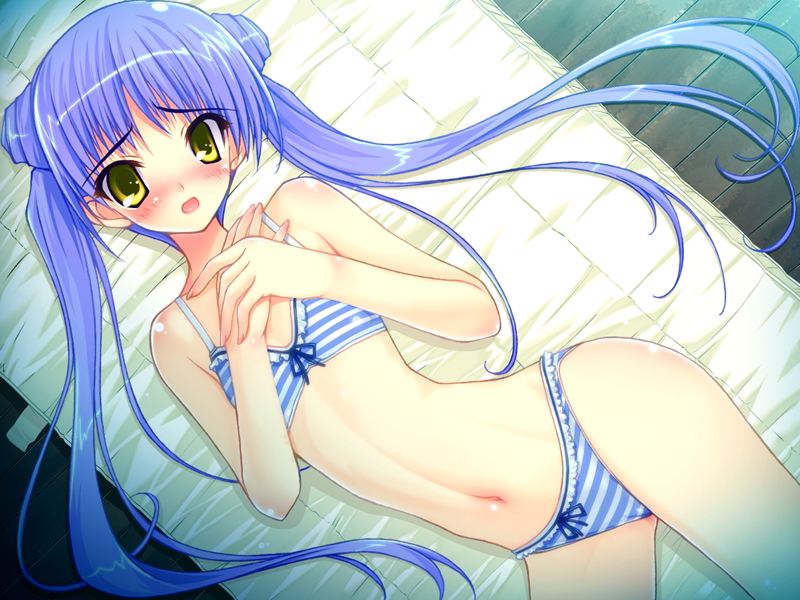 1girl, amane_sou, blue_ribbon, blush, bra, double_bun, eyebrows_visible_through_hair, flat_chest