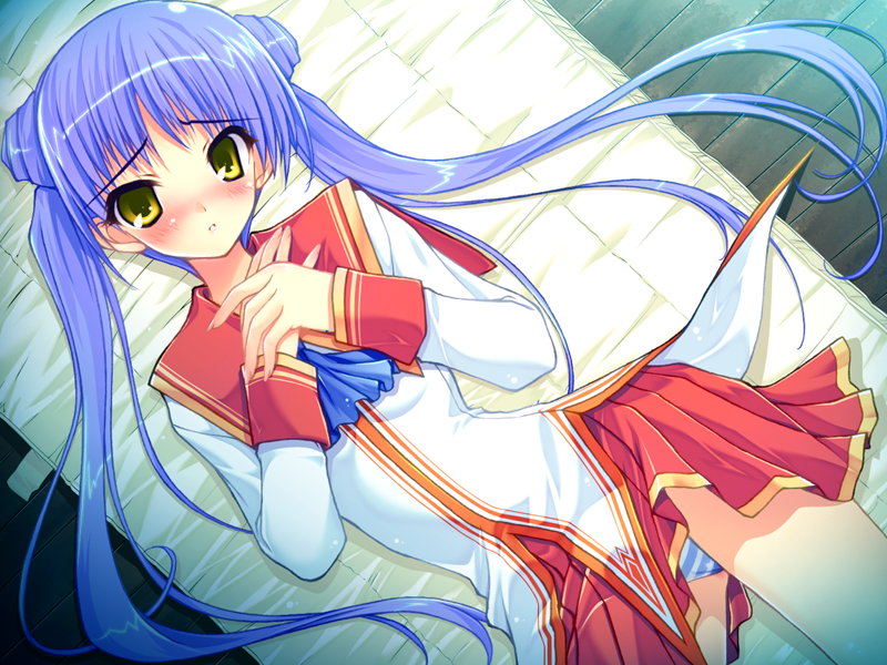 1girl, amane_sou, ascot, bangs, blue_neckwear, blush, double_bun, dress_shirt