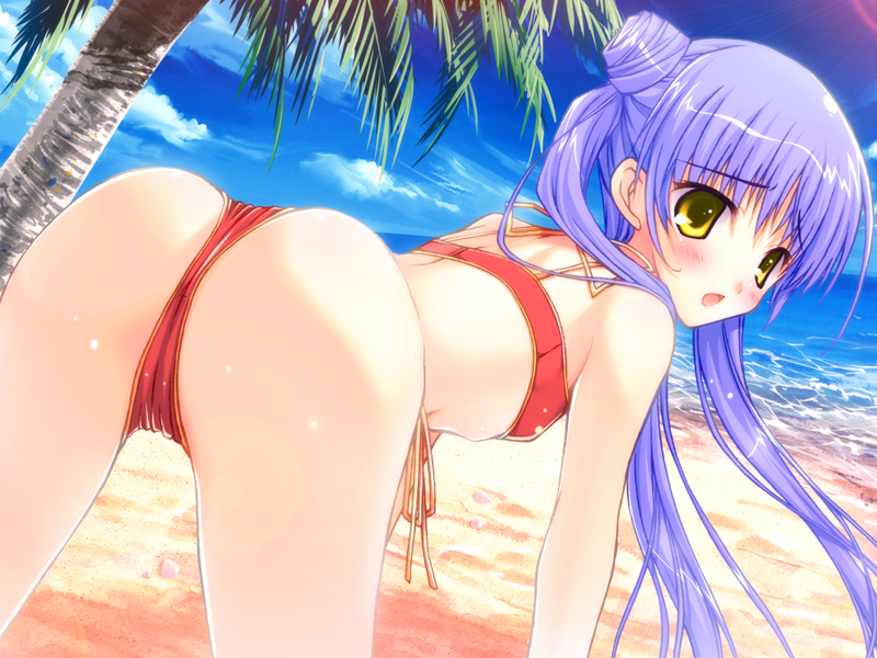 1girl, all_fours, amane_sou, ass, bangs, beach, bikini, blue_sky