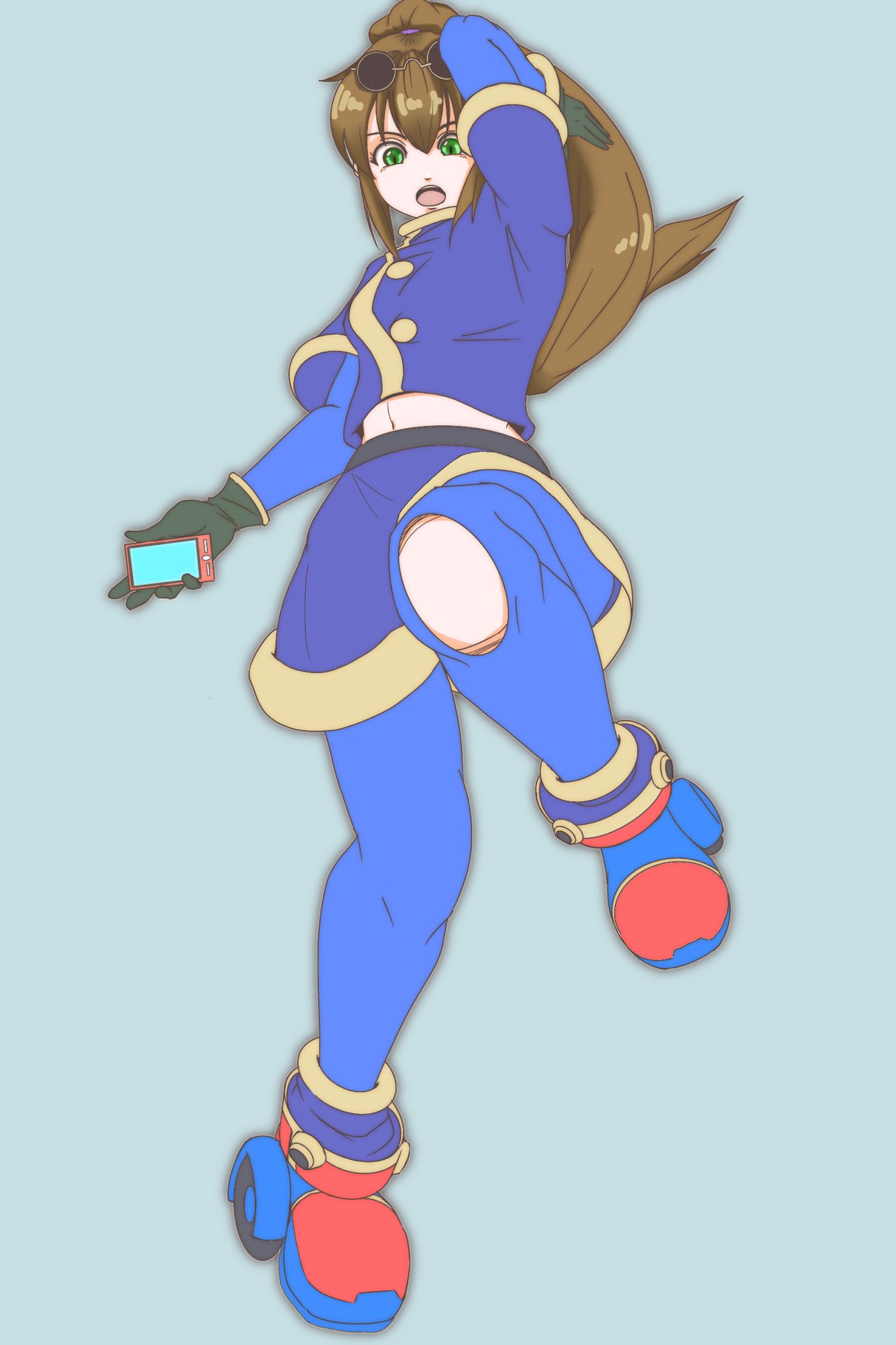 1girl, brown_hair, cellphone, eyewear_on_head, gloves, green_eyes, highres, kodanuki