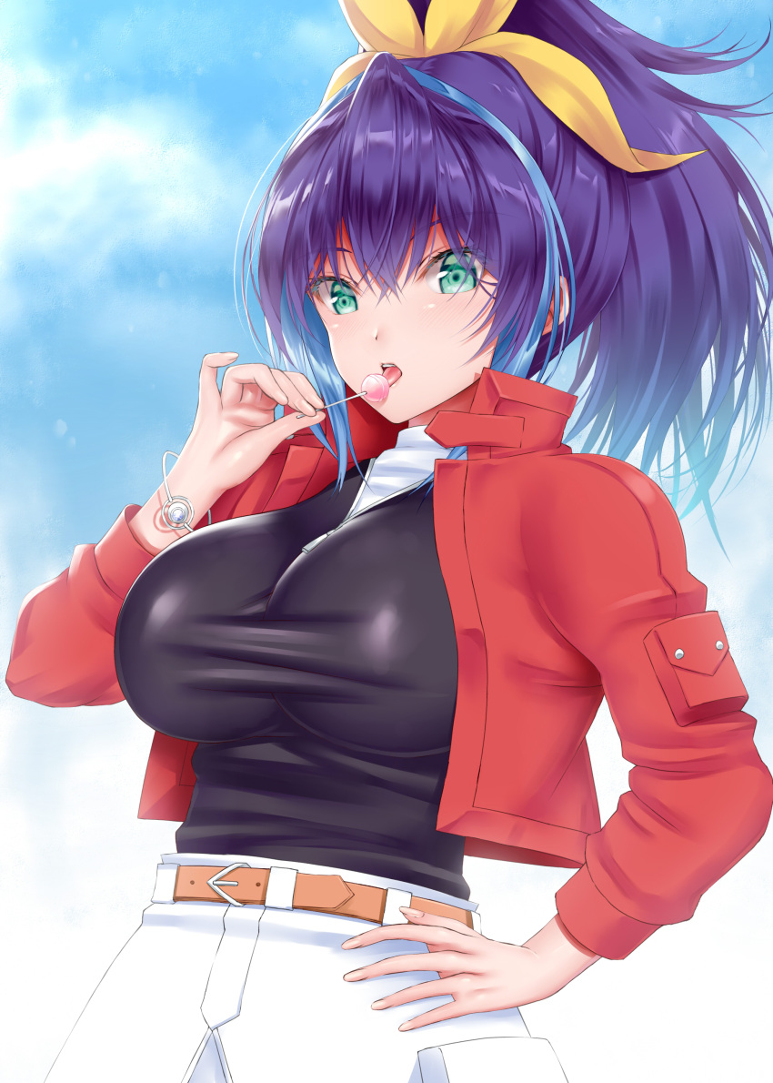 1girl, absurdres, belt, black_shirt, blue_hair, bracelet, breasts, brown_belt