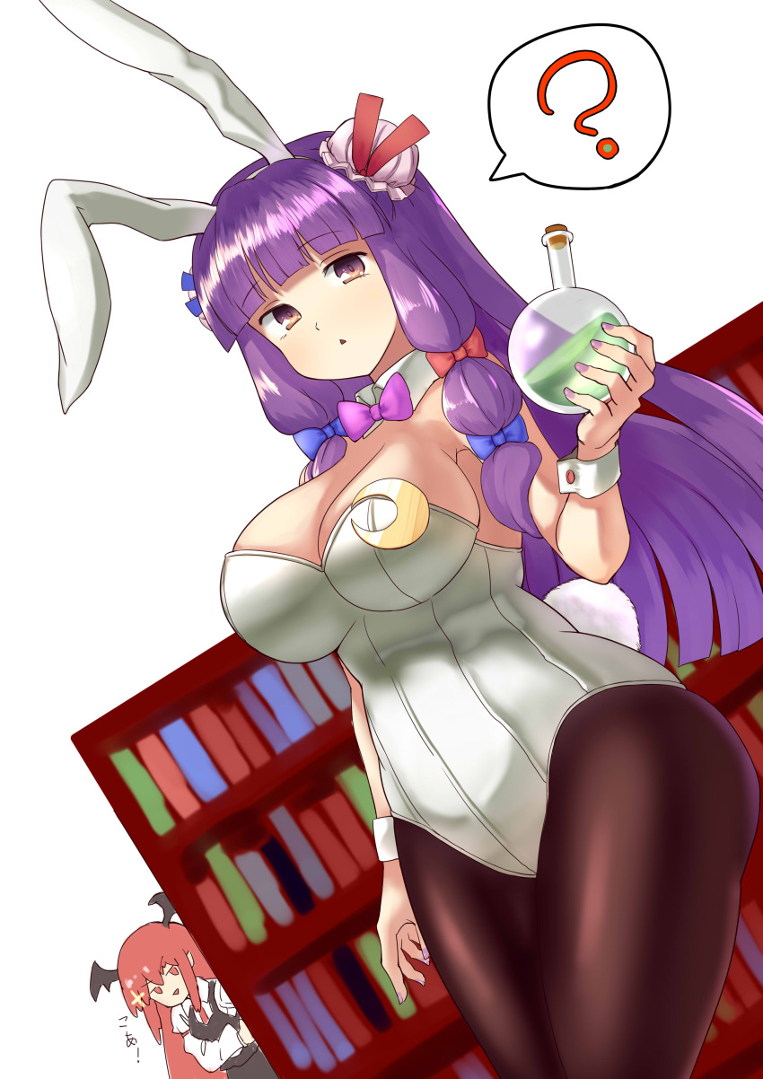 2girls, ?, absurdres, animal_ears, armpit_peek, bat_wings, black_vest, blue_bow