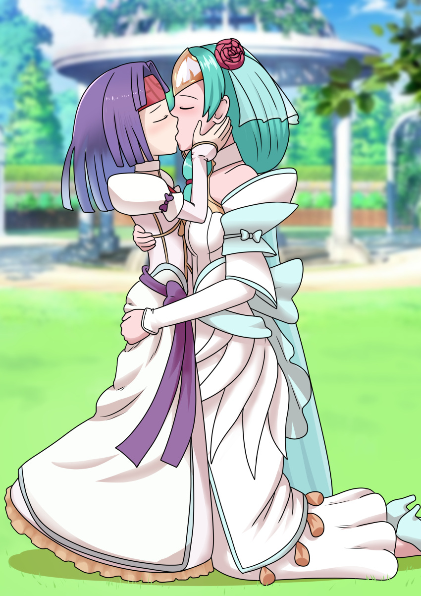 2girls, absurdres, age_difference, alternate_costume, aqua_hair, blush, bride, ceremony, closed_eyes, commission, couple, dress, fire_emblem, fire_emblem:_path_of_radiance, fire_emblem:_radiant_dawn, fire_emblem_heroes, grass, hand_on_another's_ass, hand_on_another's_back, hands_on_another's_face, headband, headgear, height_difference, high_heels, highres, hug, kiss, kneeling, long_sleeves, married, misaeldm, multiple_girls, outdoors, purple_hair, sanaki_kirsch_altina, sigrun_(fire_emblem), sky, strapless, strapless_dress, tree, wedding, wedding_dress, yuri