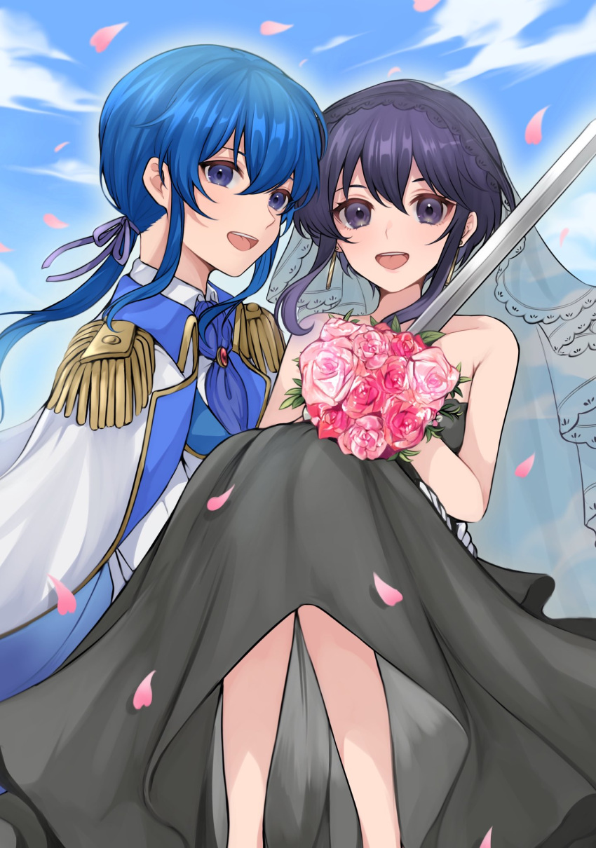 1boy, 1girl, alternate_costume, ascot, bangs, banned_artist, bare_shoulders, black_dress