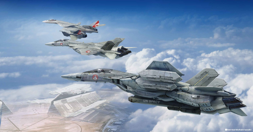 absurdres, building, canards, clouds, cockpit, english_commentary, english_text, fleet