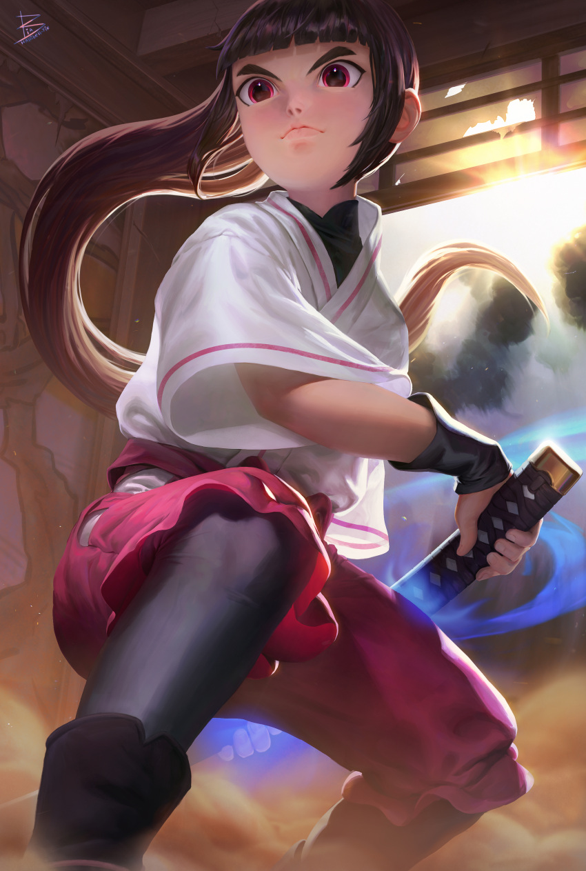 1girl, absurdres, artist_name, bangs, blunt_bangs, boots, boruto:_naruto_next_generations, brown_hair