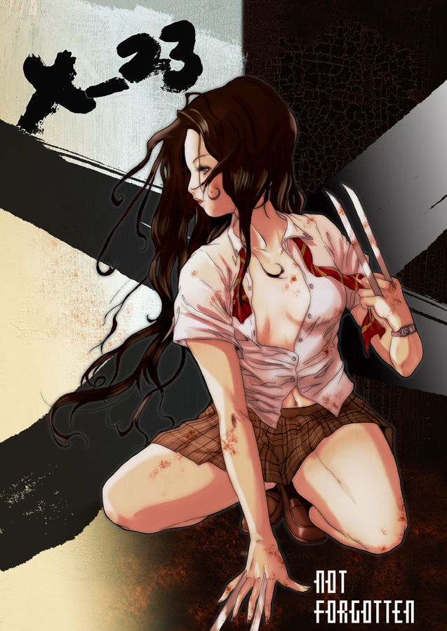 black_hair, blood, claws, female, inugami_mokekiyo, long_hair, marvel, miniskirt