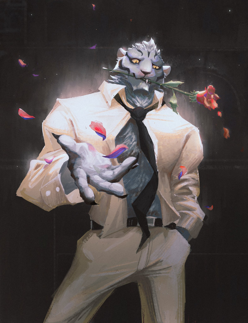 1boy, belt, black_belt, black_neckwear, collared_shirt, cowboy_shot, flower, fu_xiansheng_(the_legend_of_luoxiaohei), furry, hand_in_pocket, highres, holding, holding_flower, long_sleeves, male_focus, mouth_hold, necktie, open_clothes, open_shirt, pants, petals, red_flower, shirt, solo, the_legend_of_luo_xiaohei, tiger_boy, white_pants, white_shirt, yellow_eyes, zzhenliu