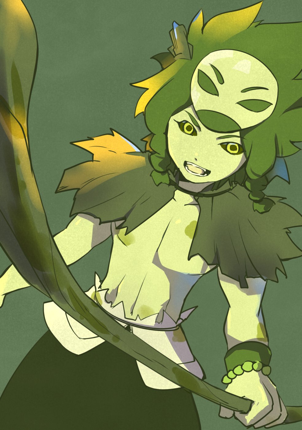 1boy, black_sclera, colored_sclera, colored_skin, green_background, green_eyes, green_skin, green_theme