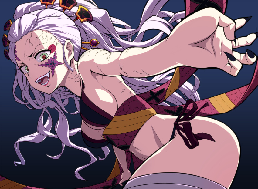 1girl, blue_background, breast_cutout, breasts, cracked_skin, crazy_eyes, crazy_smile, daki_(kimetsu_no_yaiba)