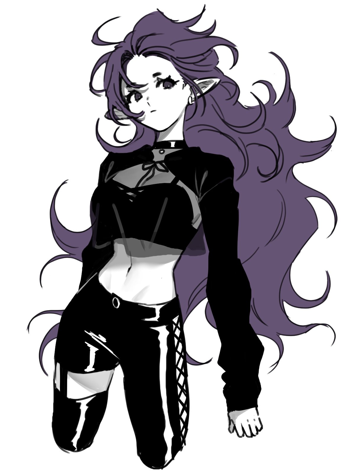 1girl, black_pants, black_shirt, breasts, cowboy_shot, cropped_legs, dupu, earrings, fengxi_(the_legend_of_luoxiaohei), genderswap, genderswap_(mtf), highres, jewelry, large_breasts, long_hair, midriff, navel, pants, pointy_ears, purple_hair, shirt, simple_background, solo, spot_color, the_legend_of_luo_xiaohei, very_long_hair, white_background