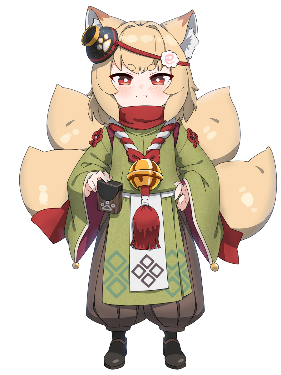 1girl, :t, animal_ear_fluff, animal_ears, bangs, bell, black_footwear, blush, brown_hair, brown_hakama, closed_mouth, eyebrows_visible_through_hair, fox_ears, fox_girl, fox_tail, full_body, green_kimono, hakama, hakama_pants, hand_on_hip, highres, indie_virtual_youtuber, japanese_clothes, jingle_bell, kamiya_ris, kimono, kitsune, kuro_kosyou, long_sleeves, looking_at_viewer, multiple_tails, pants, pout, red_eyes, shoes, short_eyebrows, simple_background, solo, standing, tail, thick_eyebrows, v-shaped_eyebrows, virtual_youtuber, white_background, wide_sleeves
