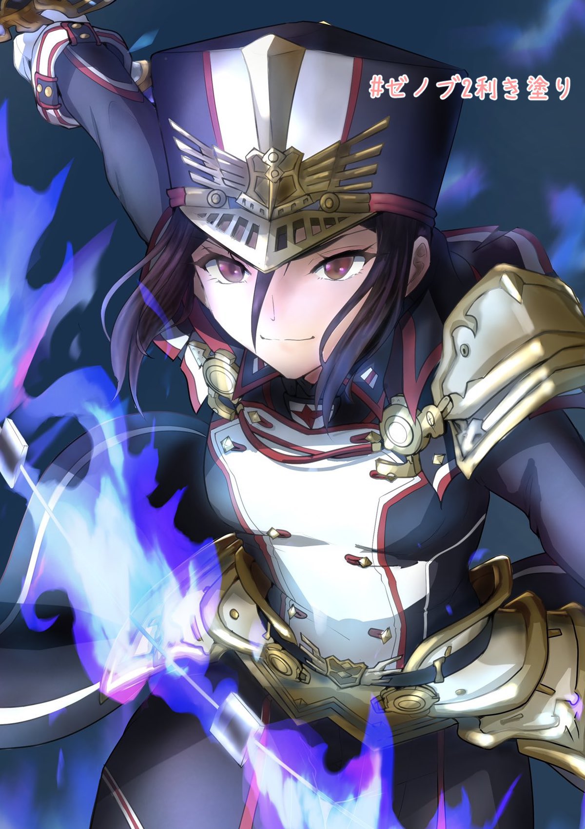 black_hair, blue_background, blue_fire, brown_eyes, fire, gloves, grin, hat