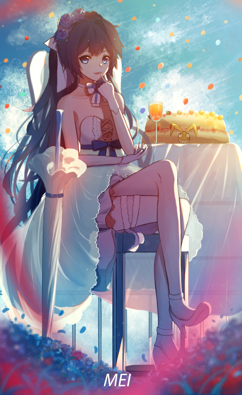 1girl, alcohol, bangs, black_hair, blue_eyes, blue_flower, blue_sky, bridal_veil