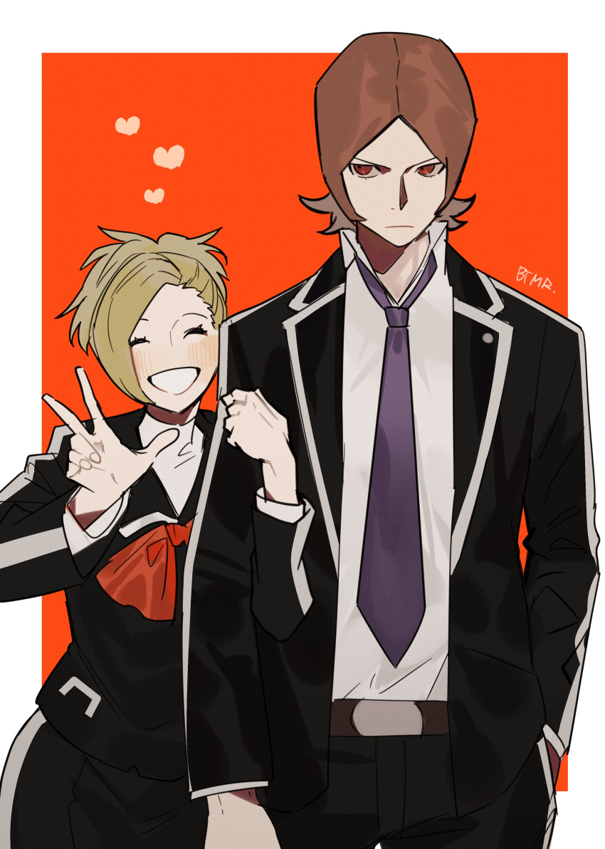 1boy, 1girl, absurdres, black_jacket, black_pants, blonde_hair, blush, brown_hair