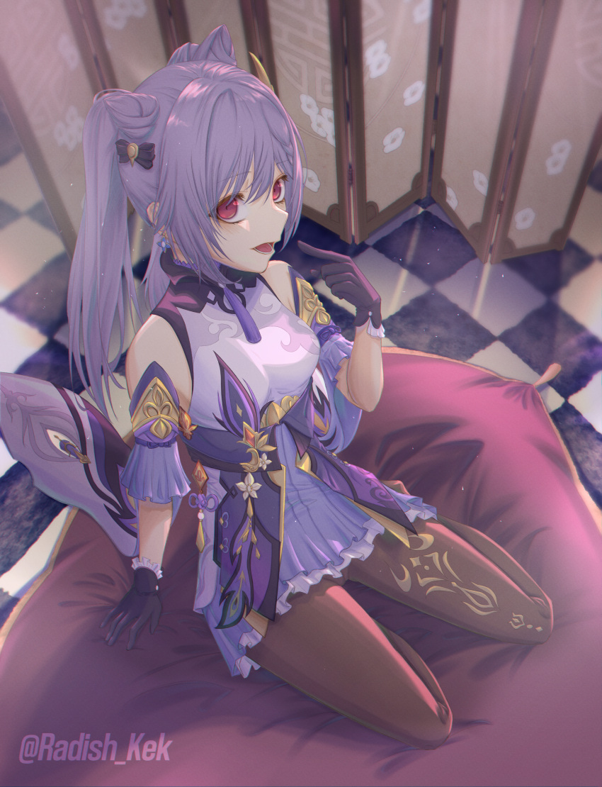 1girl, :d, absurdres, arm_support, bangs, black_gloves, black_legwear, blurry
