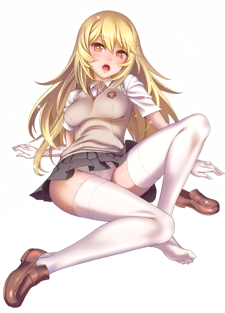 +_+, 1girl, blonde_hair, blush, brown_footwear, commentary_request, elbow_gloves, gloves, hounyouin, legs, lips, long_hair, long_legs, open_mouth, panties, school_uniform, shoes, shokuhou_misaki, simple_background, single_shoe, solo, sweater_vest, symbol-shaped_pupils, thigh-highs, toaru_kagaku_no_railgun, toaru_majutsu_no_index, underwear, white_background, white_gloves, white_legwear, white_panties, yellow_eyes