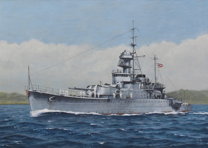 absurdres, atoriebono, cannon, commentary_request, highres, hill, htms_thonburi, lifeboat