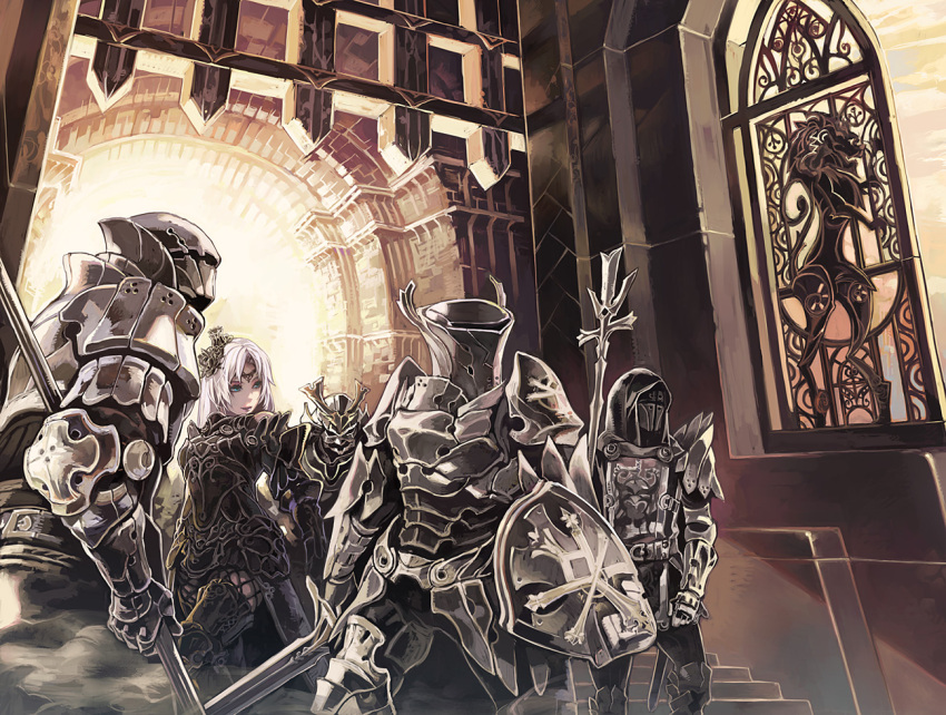 arch, armor, collar, cowl, cross, dust, fantasy, full_armor, gate, gauntlets, greaves, green_eyes, guards, hair_ornament, helmet, insignia, lion, original, pauldrons, polearm, portcullis, shield, smirk, sword, tiara, visor_(armor), wall, weapon, white_hair
