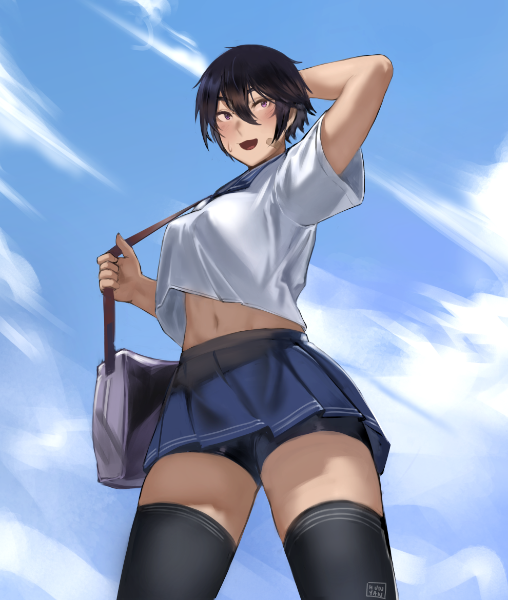 1girl, bag, bandaid, bandaid_on_cheek, bike_shorts, bike_shorts_under_skirt, black_hair, black_legwear