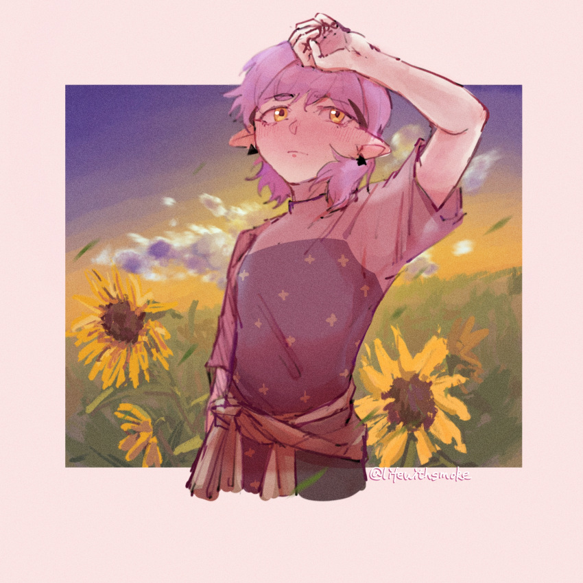 1girl, amity_blight, blush, clouds, earrings, flower, highres, jewelry, lifewithsmoke, pointy_ears, purple_hair, scenery, sky, sunflower, the_owl_house, yellow_eyes