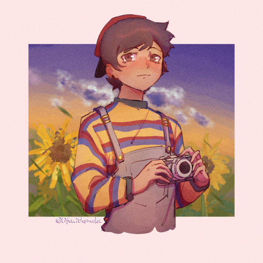 1girl, baseball_cap, blush, brown_hair, camera, clouds, flower, hat