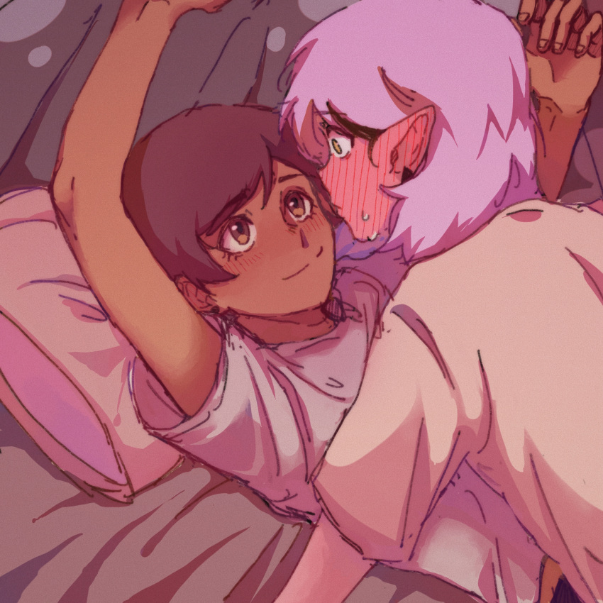 2girls, amity_blight, bed, blanket, blush, brown_eyes, brown_hair, earrings, highres, jewelry, laying_on_person, lifewithsmoke, luz_noceda, multiple_girls, pillow, purple_hair, shirt, smile, sweat, t-shirt, the_owl_house, under_covers, yellow_eyes, yuri