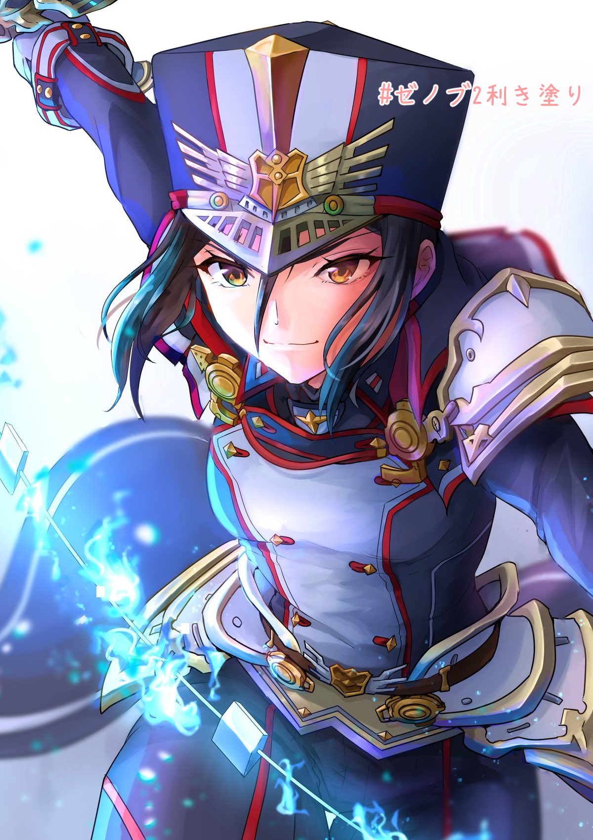 1girl, black_hair, blue_fire, brown_eyes, fire, gloves, grin, hano