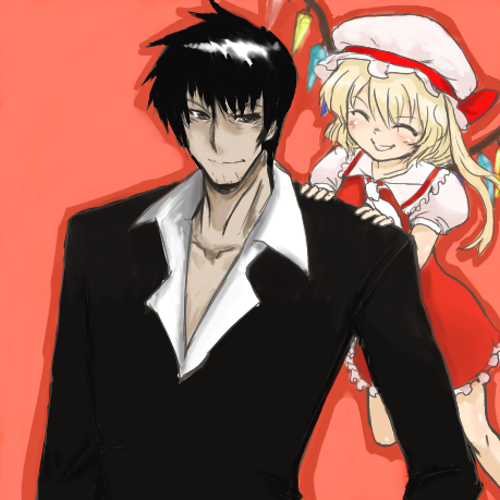 1boy, 1girl, blonde_hair, crossover, flandre_scarlet, lowres, nicholas_d_wolfwood, smile