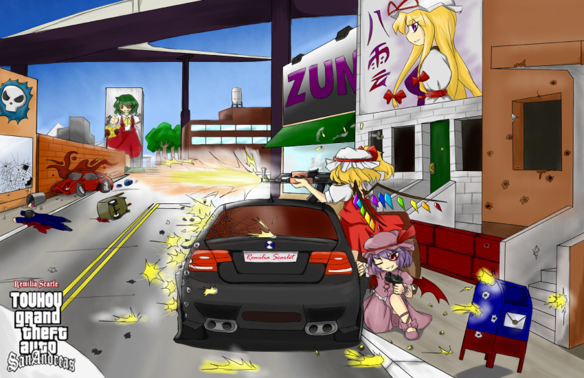 ak-47, ascot, assault_rifle, bat_wings, billboard, blood, bloodycat, bullet_hole