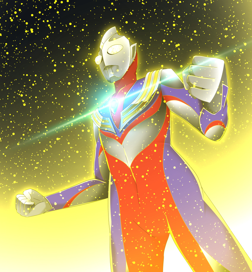 1boy, absurdres, alien, aura, color_timer, commentary_request, glitter_tiga, glowing, glowing_eyes, highres, kal_(kaerutoyomu), light_particles, shiny, solo, tokusatsu, ultra_series, ultraman_tiga, ultraman_tiga_(series), yellow_eyes