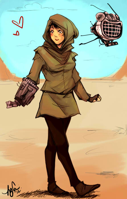 1girl, desert, ed-e, fallout_new_vegas, full_body, gauntlet, hood, hood_up, robot, smile, veronica_santangelo, walking