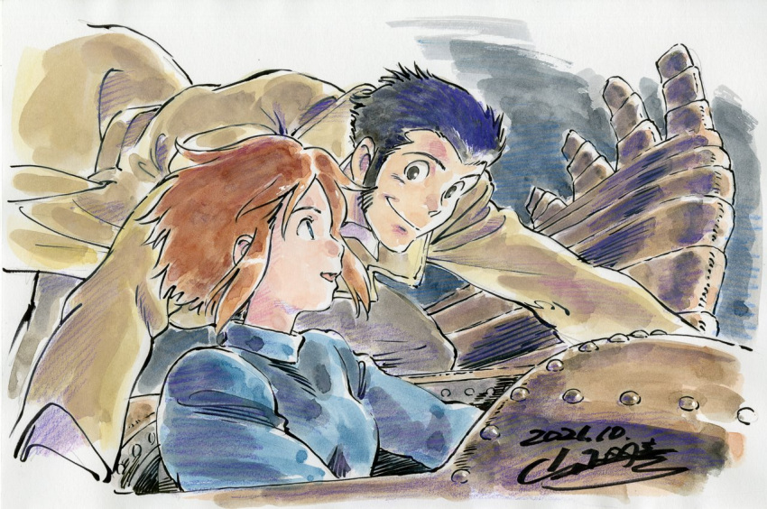 1boy, 1girl, aircraft, arsene_lupin_iii, black_hair, brown_hair, commentary_request, dated, glider, green_jacket, jacket, kaze_no_tani_no_nausicaa, lupin_iii, mehve, nausicaa, short_hair, sideburns, sidelocks, signature, smile, studio_ghibli, yamashita_akihiko