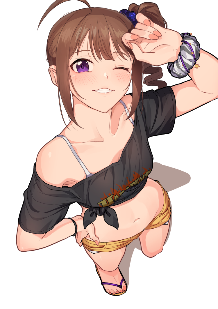 1girl, ahoge, bra_strap, brown_hair, drill_hair, flip-flops, from_above, grin